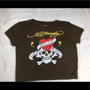 Ed Hardy Brown Short Sleeve Tee with Red Heart and White Skull Graphic cropped T